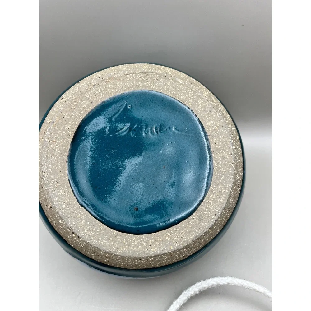 Signed Studio Pottery Oil Lamp Teal Glaze Swirl Ceramic Wick Teresa Bowen 1980s‎